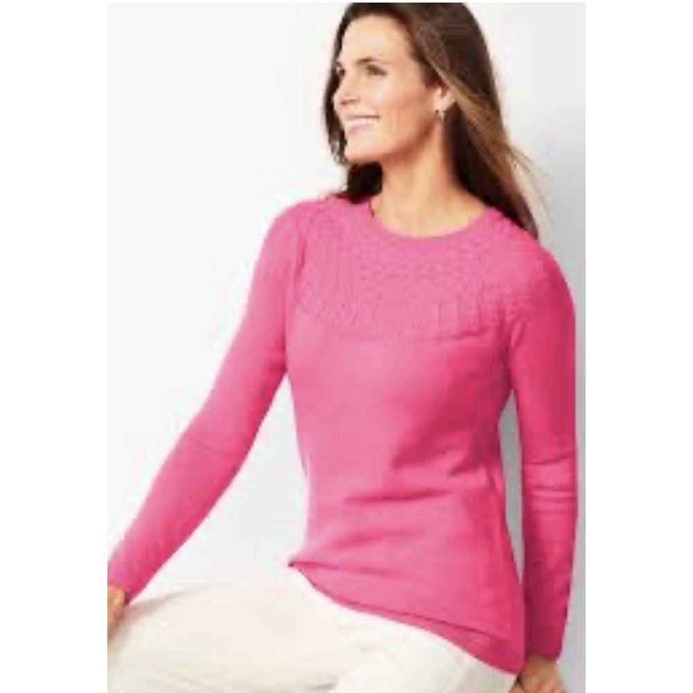 Talbots Women's Pink Cable-Yoke Knit Pullover Sweater 100% Cotton Size Small